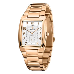 Elegante roségoldene rechteckige Uhr mit weißem Zifferblatt und Gliederarmband