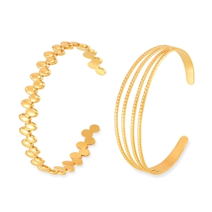 Minimalist gold titanium steel open bangle with geometric bead and layered design