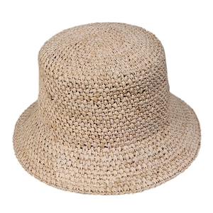 Premium raffia straw sun hat for women featuring a woven crochet texture and bucket style