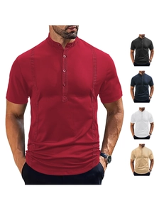 Detail of short sleeve Henley polo shirt with textured fabric and mandarin collar detail