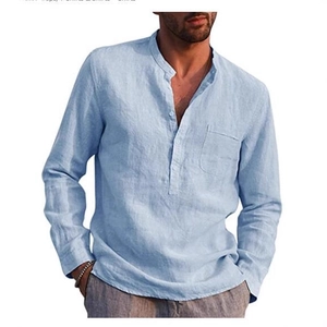 Men's light blue long sleeve linen shirt with V-neck and chest pocket for casual beach wear