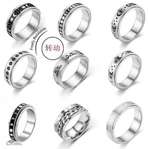 Stainless Steel Spinner Ring Stress Relief Fidget Jewelry Celestial Moon Star Sun Pattern Anxiety Band For Women Men