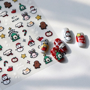 Cartoon Weihnachts-Nagelaufkleber mit Schneemann- und Baum-Motiven für festliche Maniküre