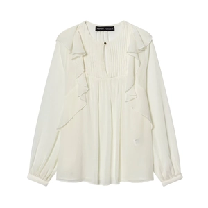 Elegant Women Long Sleeve Chiffon Blouse Ruffle Trim Pleated Solid White Office Lady Vintage French Style Shirt Top