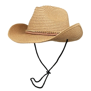 Classic straw cowboy sun hat with wide brim, decorative pink cord and chin strap