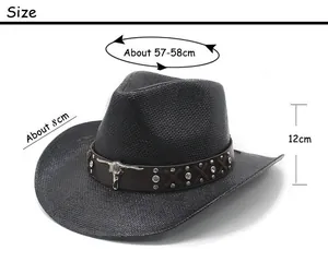 Guide des tailles du chapeau cowboy paille noire montrant bord 8cm et hauteur 12cm