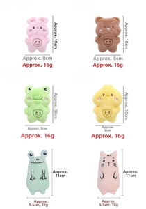 Detail showing six cartoon plush pet toys with dimensions and embroidery details