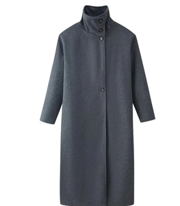 Detailed view of the dark grey wool coat with stand collar and button closures