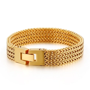 Mens thick gold stainless steel wheat chain bracelet with a square fold-over clasp