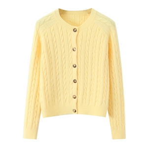 Classic light yellow cable knit cardigan for women with round neck and buttons