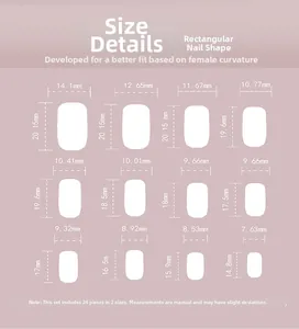 Size chart showing 12 different dimensions for rectangular short press-on nails set