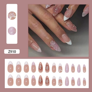 French style press-on nails with 3D floral, pearl and butterfly butterfly decor, 24 pieces