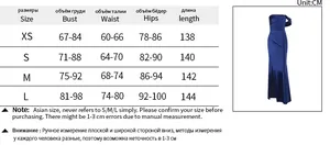 Size chart for off-shoulder evening dress showing bust, waist, and hip measurements in cm