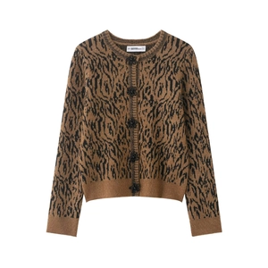 Women Leopard Print Knit Cardigan Round Neck Long Sleeve Button Down Sweater Top With Decorative Flowers