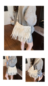 Detailed view of cream bohemian fringe bucket bag shown from multiple angles on a model