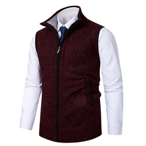 Men's wine red knit sweater vest with full zipper, stand collar, and side pockets