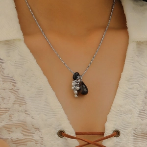 Faux pearl grape cluster necklace with black water drop pendant and silver chain