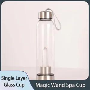 Clear single-layer glass water bottle with hexagonal crystal column and silver metal lid