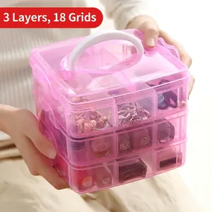 Pink transparent 3-layer 18-grid plastic storage box with handle for jewelry organizer