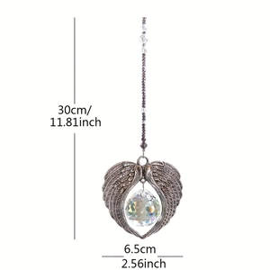 Detailed size view of crystal angel wing suncatcher hanging ornament with 30cm total height