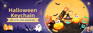 Halloween cartoon keychain detail view, cute pumpkin ghost pendant, glowing festival gift accessory.
