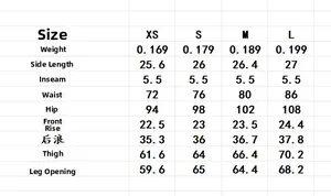 Size chart showing hip, waist, and length measurements for women's low-waist denim shorts