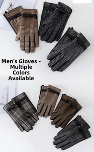 Close-up of men's winter woolen gloves featuring British plaid and leather strap details