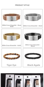 Detail of stainless steel cross bracelets and tiger eye stone beads in multi-color sets