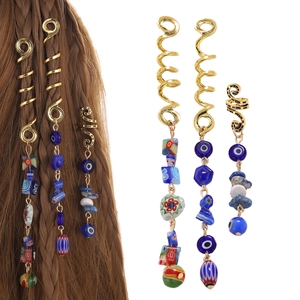 Snake Spiral Dreadlock Hair Clips Alloy Golden Blue Evil Eye Beads Cat Eye Stone Braid Rings Ethnic Boho Accessory