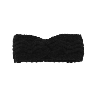 Detail of black cable knit headband with twisted center and soft fleece lining