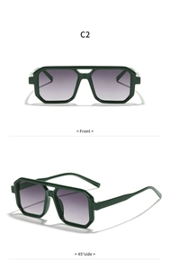 Detail of dark green square sunglasses with purple gradient lenses from front and side views
