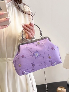 Women's lavender purple embroidered evening bag with metal frame and chain strap