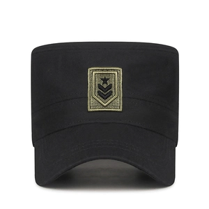Classic black military flat top cap with olive green embroidered star badge and cotton twill