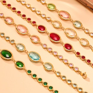18K gold plated stainless steel bracelets with oval colorful crystal glass gemstones