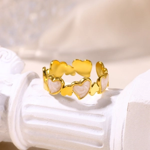 Golden 18K gold-plated stainless steel open ring with white enamel heart designs