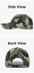 Detail view showing jungle camouflage cap with side embroidery and metal buckle closure