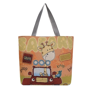 Cartoon giraffe embroidery tote bag with safari print and striped handles on white background