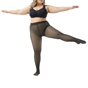Plus size black sheer fleece leggings with high elasticity for autumn and winter wear