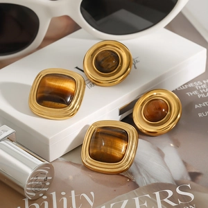 Macro shot of vintage titanium steel tiger eye earrings set on a white gift box