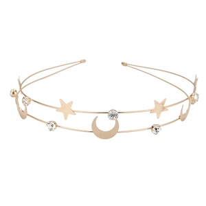 Serre-tête double en métal doré avec étoiles, motifs lune et cristaux étincelants