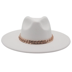 Detail of white wool felt fedora featuring a wide brim and rose gold thick chain