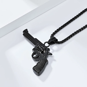 Hip-hop style black stainless steel revolver pistol pendant with box chain necklace