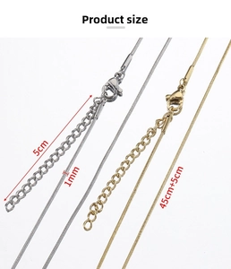 Detail of 1mm stainless steel snake chain with 45cm length and 5cm extension chain