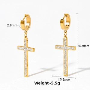 Detailed view showing dimensions of gold cross drop earrings with white crystal inlays