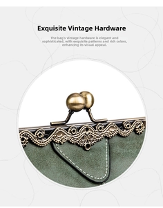 Detail of dark green suede messenger bag with vintage bronze hollowed-out metal clasp