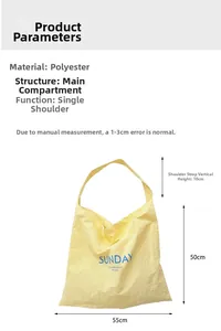 Detail view of yellow canvas tote bag with dimensions and polyester fabric specifications