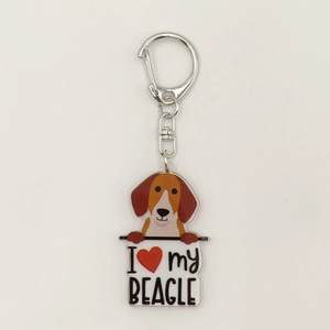 Detail of beagle dog acrylic keychain featuring vivid UV printing and silver metal ring