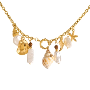 Collana in acciaio inossidabile placcata oro 18k con perle, conchiglie e stelle marine