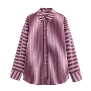 Burgundy striped long sleeve button-up shirt with classic collar and draped fabric