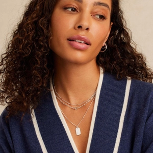 Layered silver stainless steel necklace with rectangular pendant and hoop earrings set